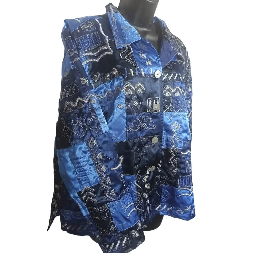 French Laundry XL Blue Patchwork Satin Button Front Jacket Boho